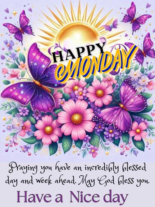 Happy Monday blessings image with beautiful flowers background