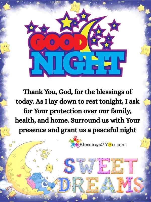Bright and colorful good night prayer with stars and a moon, asking for God's protection and peace.