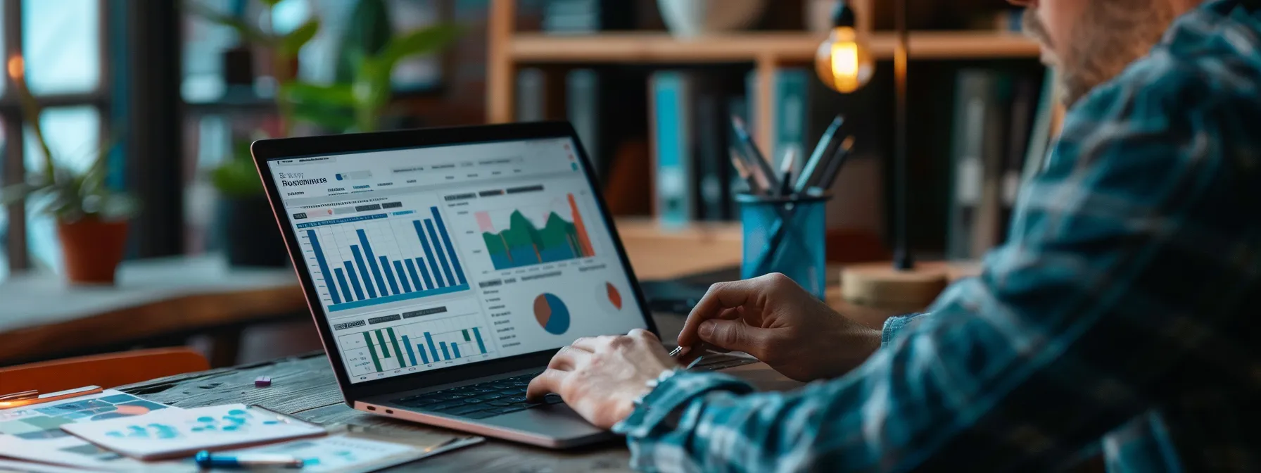 A person working on a laptop in a modern office, researching "What is the top software for proposal management?"